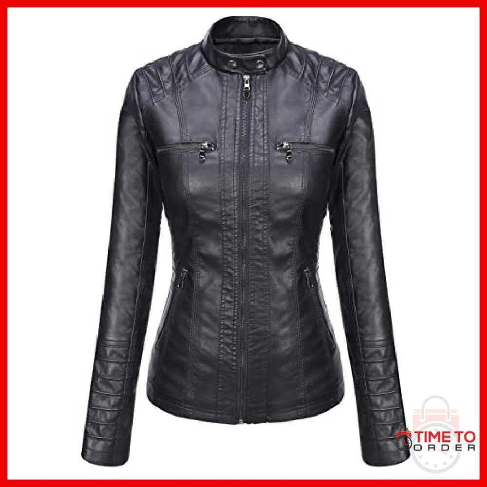 Faux Leather Moto Jacket with Detachable Hood, Zippered Pockets - Picture 5 of 8